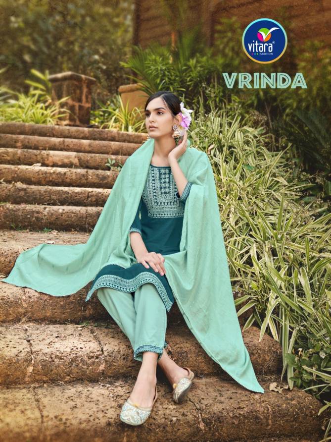 Vitara Vrinda Festive Wear Pure Chinon Designer Kurti With Pant And Dupatta Readymade Collection